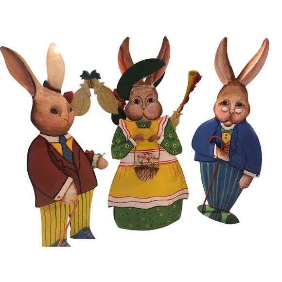 Vintage Dept 56 Rustic Trio Of Easter Bunny’s Metal Hand Painted Dressed In Best - Picture 2 of 10